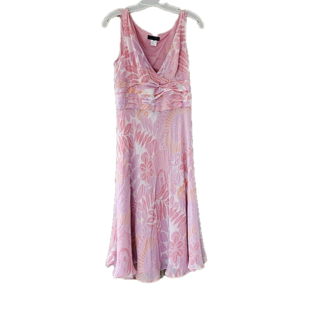 DressBarn Pink Floral 100% Silk Sleeveless V-Neck Fit & Flare Midi Dress Y2K